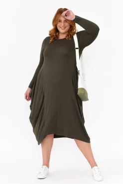 Midi Dresses<Cali and Co Kendal Khaki Long Sleeve Dress