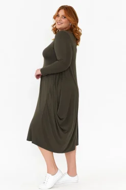 Midi Dresses<Cali and Co Kendal Khaki Long Sleeve Dress