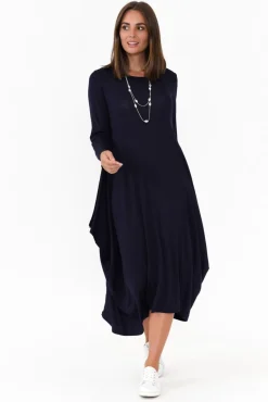 Midi Dresses<Cali and Co Kendal Navy Long Sleeve Dress