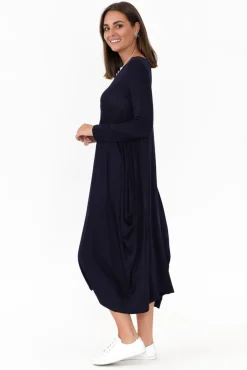 Midi Dresses<Cali and Co Kendal Navy Long Sleeve Dress