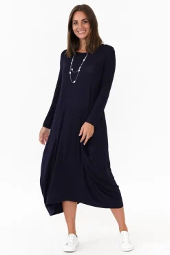 Midi Dresses<Cali and Co Kendal Navy Long Sleeve Dress