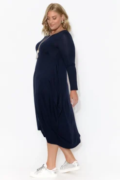 Midi Dresses<Cali and Co Kendal Navy Long Sleeve Dress