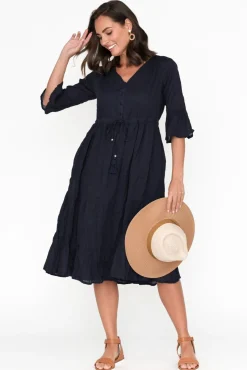 Below Knee Dresses<One Summer Kenley Navy Crinkle Cotton Dress