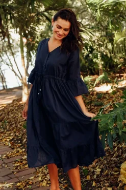 Below Knee Dresses<One Summer Kenley Navy Crinkle Cotton Dress