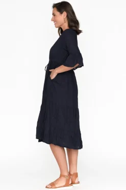 Below Knee Dresses<One Summer Kenley Navy Crinkle Cotton Dress