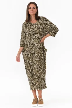 Maxi Dresses<Cotton Village Kenna Khaki Leopard Pocket Dress