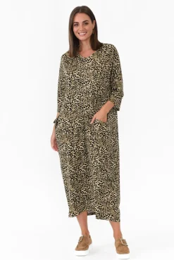 Maxi Dresses<Cotton Village Kenna Khaki Leopard Pocket Dress