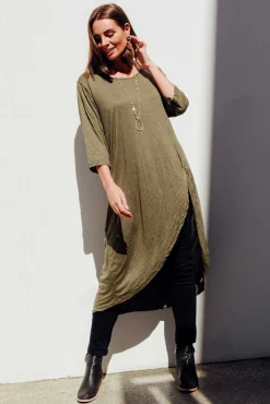 Cotton Tops<Cotton Village Khaki Crinkle Cotton Asymmetric Tunic