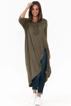 Cotton Tops<Cotton Village Khaki Crinkle Cotton Asymmetric Tunic