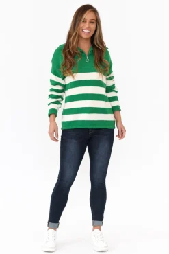 Knitwear<Isabella Boho Kinsley Green Stripe Zip Jumper