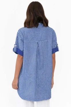 Linen Tops<La Strada Lance Blue Stripe Sequin Pocket Shirt