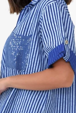 Linen Tops<La Strada Lance Blue Stripe Sequin Pocket Shirt