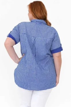 Linen Tops<La Strada Lance Blue Stripe Sequin Pocket Shirt