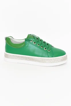 Leather Sneakers<Lav-ish Lange Green Leather Diamante Sneaker