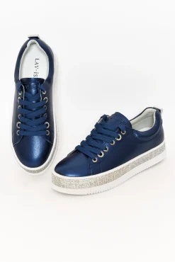 Leather Sneakers<Lav-ish Lange Navy Leather Diamante Sneaker