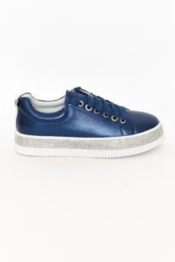 Leather Sneakers<Lav-ish Lange Navy Leather Diamante Sneaker