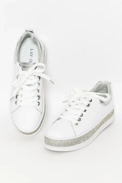 White Sneakers<Lav-ish Lange White Leather Diamante Sneaker