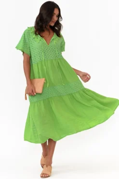 Linen Dresses<Donna Donna Larsa Green Linen Embroidered Collared Dress