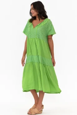 Linen Dresses<Donna Donna Larsa Green Linen Embroidered Collared Dress