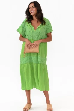 Linen Dresses<Donna Donna Larsa Green Linen Embroidered Collared Dress