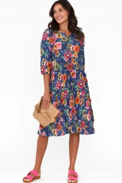 Cotton Dresses<One Summer Layla Navy Blossom Crinkle Cotton Dress