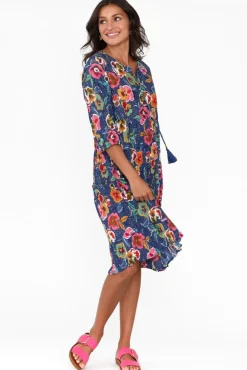 Cotton Dresses<One Summer Layla Navy Blossom Crinkle Cotton Dress