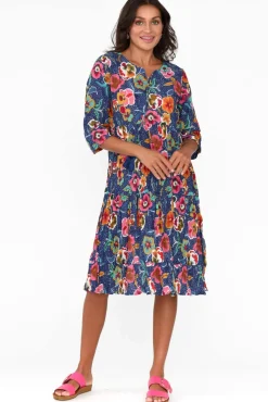 Cotton Dresses<One Summer Layla Navy Blossom Crinkle Cotton Dress