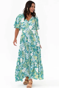 Maxi Dresses<Isabella Boho Lenora Turquoise Tropical Maxi Dress