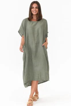 Linen Dresses<Donna Donna Leslie Khaki Linen Midi Dress