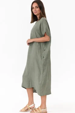 Linen Dresses<Donna Donna Leslie Khaki Linen Midi Dress
