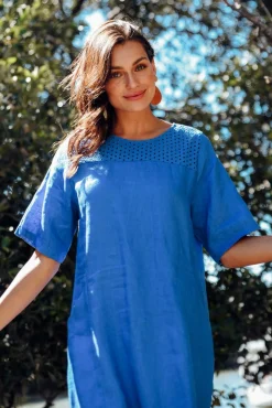 Linen Dresses<Cali and Co Lettice Cobalt Broderie Linen Dress