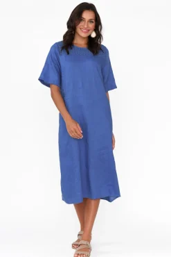 Linen Dresses<Cali and Co Lettice Cobalt Broderie Linen Dress