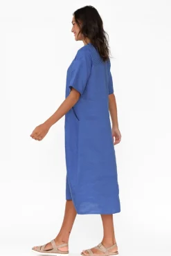 Linen Dresses<Cali and Co Lettice Cobalt Broderie Linen Dress