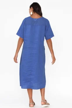 Linen Dresses<Cali and Co Lettice Cobalt Broderie Linen Dress
