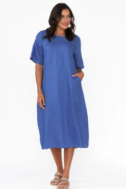 Linen Dresses<Cali and Co Lettice Cobalt Broderie Linen Dress