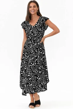 Midi Dresses<New U Collection Libby Black Flower Midi Dress