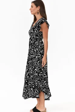 Midi Dresses<New U Collection Libby Black Flower Midi Dress