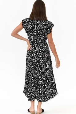 Midi Dresses<New U Collection Libby Black Flower Midi Dress