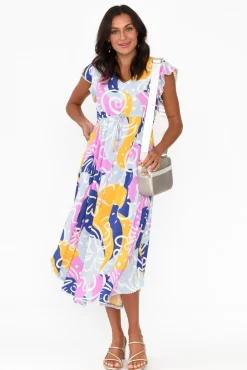 Midi Dresses<New U Collection Libby Blue Abstract Midi Dress