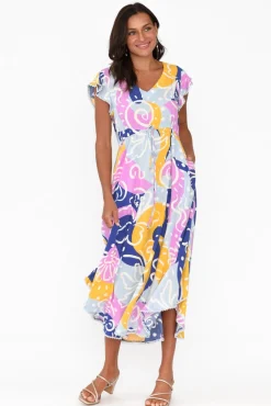 Midi Dresses<New U Collection Libby Blue Abstract Midi Dress