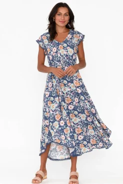 Midi Dresses<New U Collection Libby Navy Bouquet Midi Dress