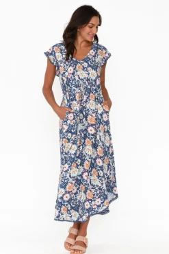 Midi Dresses<New U Collection Libby Navy Bouquet Midi Dress
