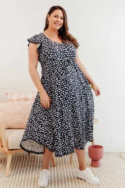 Midi Dresses<New U Collection Libby Navy Spot Midi Dress