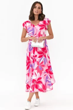 Midi Dresses<New U Collection Libby Pink Garden Midi Dress