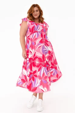 Midi Dresses<New U Collection Libby Pink Garden Midi Dress