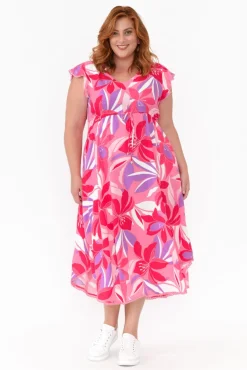 Midi Dresses<New U Collection Libby Pink Garden Midi Dress