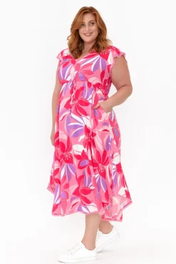 Midi Dresses<New U Collection Libby Pink Garden Midi Dress