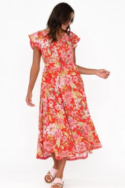 Midi Dresses<New U Collection Libby Red Bloom Midi Dress