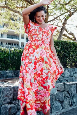 Midi Dresses<New U Collection Libby Red Bloom Midi Dress