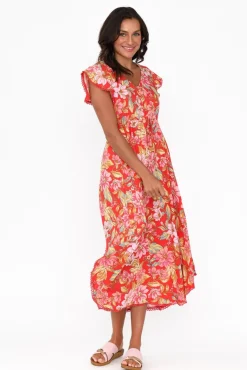 Midi Dresses<New U Collection Libby Red Bloom Midi Dress